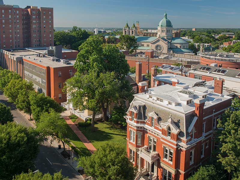 an aerial view of Founders Hall on the v. c. u. campus.