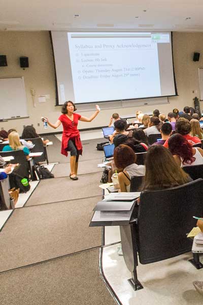 a professor delivers a lecture to a large room full of students