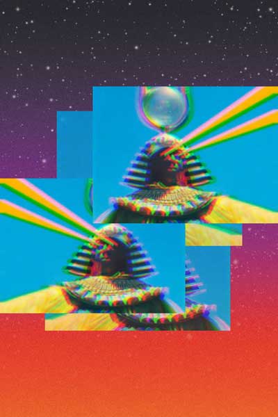 artistic rendering of egyptian sphinxes with laser beams coming out of their eyes